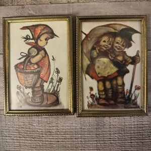 Hummel Framed Prints Young Girl Fruit Basket Children Under Umbrella Vintage